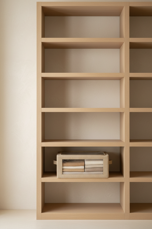 GabiG Storage Box XL lifestyle — living room shelf with blankets